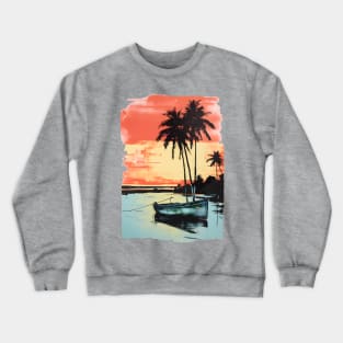 Palm Trees Sunset Tropical Beach Boat Seascape Graphic Crewneck Sweatshirt